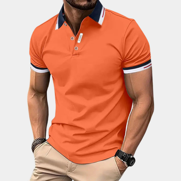 Oranje polo shirt voor heren met contrasterende kraag en mouwboorden, casual en stijlvol, perfect voor zomerse mode en vrijetijdskleding.