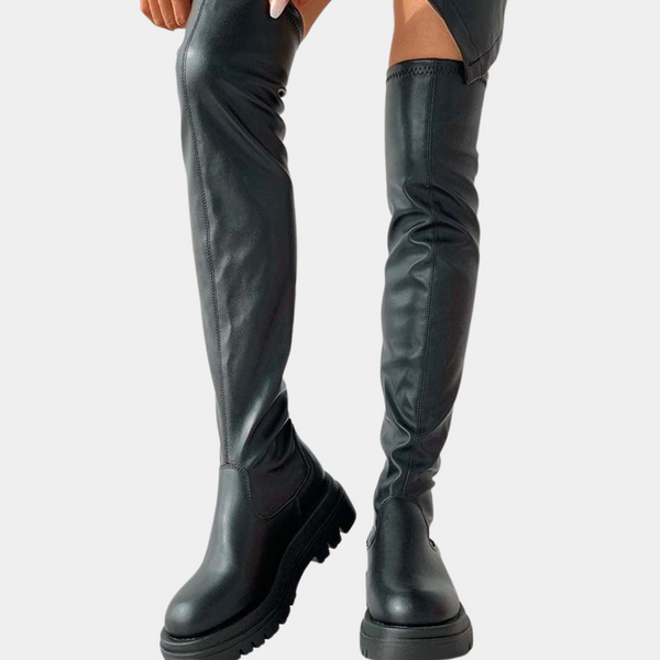 Zwarte leren overknee laarzen voor dames met dikke zool, modieuze hoge laarzen, trendy schoeisel, stijlvol en comfortabel voor dagelijks gebruik.