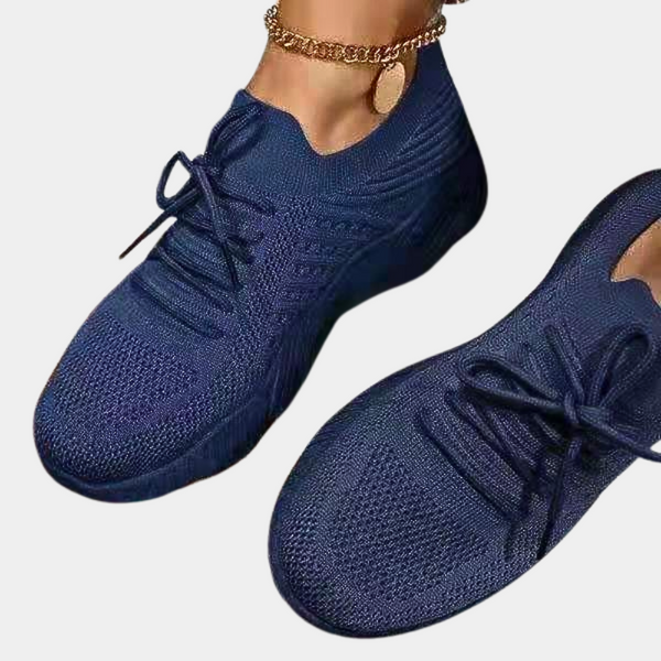 Donkerblauwe gebreide sneakers met veters, comfortabele sportieve schoenen voor dames, ideaal voor dagelijks gebruik en casual outfits.
