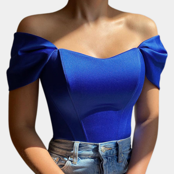 Blauwe off-shoulder top voor dames, elegante en stijlvolle mode, perfect voor casual en feestelijke gelegenheden. Trendy dameskleding.
