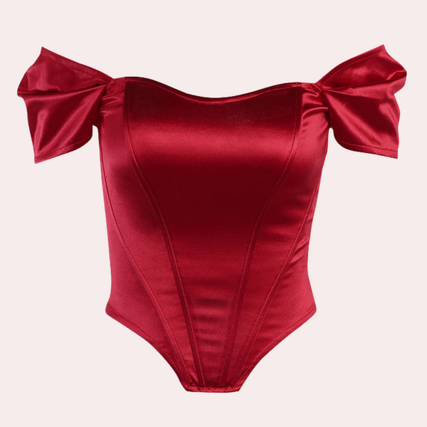 Rode satijnen off-shoulder bodysuit met strikmouwen, elegante damesmode, feestkleding, luxe uitstraling, perfect voor speciale gelegenheden.