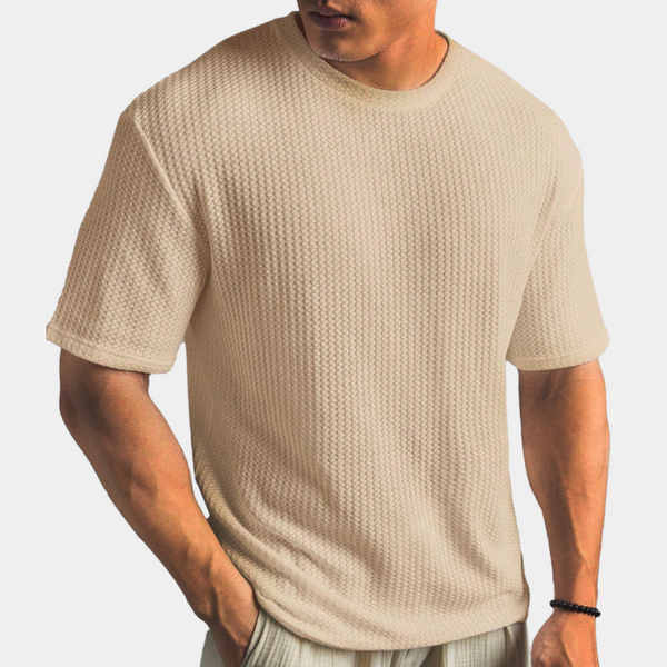 Khaki heren T-shirt met textuur, korte mouwen en ronde hals. Stijlvol en comfortabel, perfect voor casual en modieuze outfits.