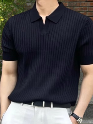 Zwarte geribbelde polo voor heren, korte mouwen, stijlvolle casual look, perfect voor zomeroutfits. Geschikt voor dagelijks gebruik en formele gelegenheden.