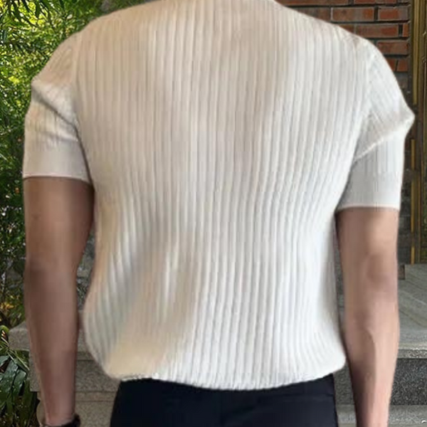 Witte geribbelde trui voor heren, korte mouwen, casual stijl, comfortabele pasvorm, ideaal voor dagelijks gebruik en modieuze outfits.