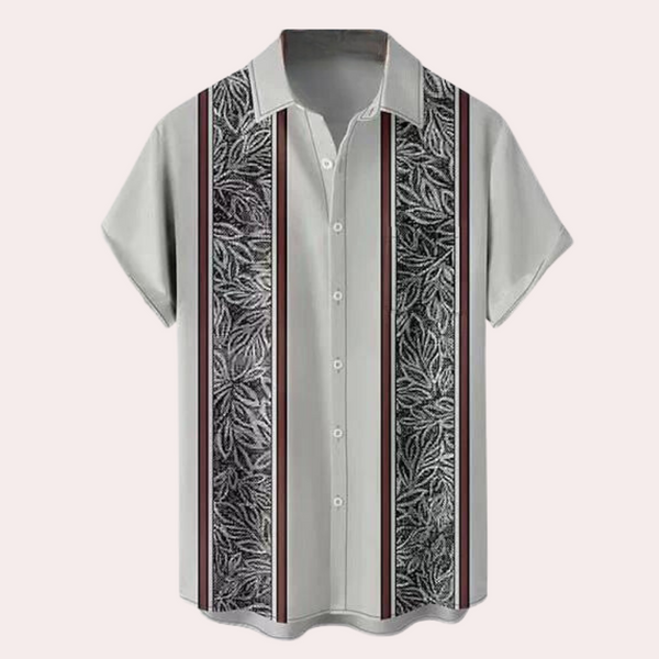 Grijze herenoverhemd met korte mouwen, verticale strepen en bladmotief. Stijlvol en modern design, perfect voor casual en formele gelegenheden.