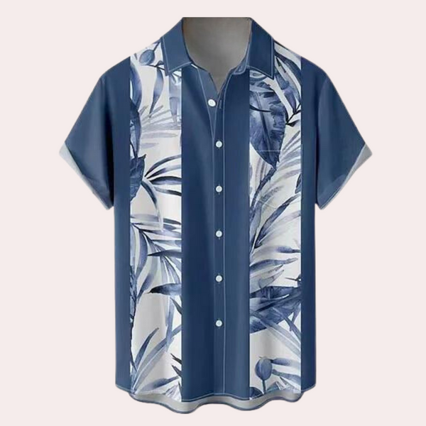 Blauw-witte herenoverhemd met korte mouwen, tropisch bladpatroon, knoopsluiting. Perfect voor zomerse casual outfits.