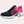 Roze en blauwe sportschoen met ademend mesh, zwarte veters en witte zool. Perfect voor hardlopen en fitness. Comfortabele en modieuze sneaker.