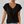 Vrouw draagt zwarte V-hals T-shirt, casual stijl, korte mouwen, tegen witte achtergrond. Perfect voor damesmode, zomeroutfit, casual kleding.