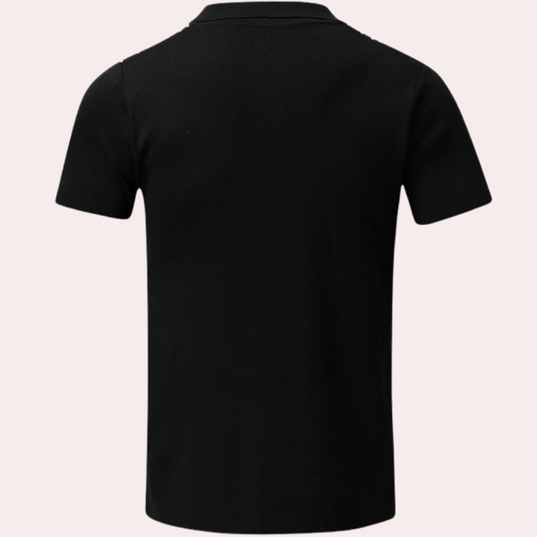 Zwarte herenpolo, korte mouwen, effen ontwerp, comfortabele pasvorm, hoogwaardige stof. Perfect voor casual en zakelijke gelegenheden.