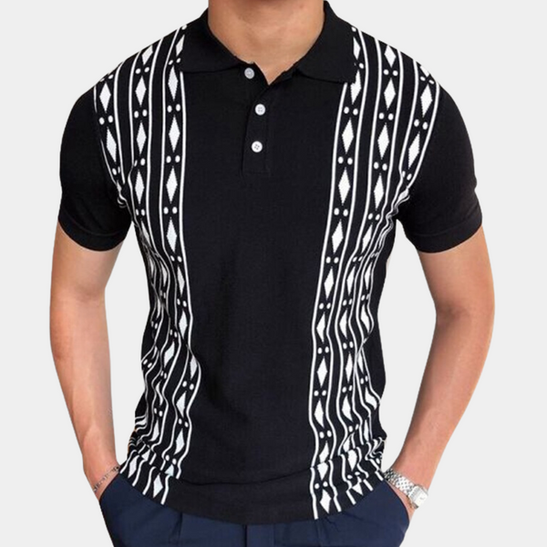 Zwarte polo met korte mouwen en wit geometrisch patroon, herenmode, casual stijl, geschikt voor dagelijks gebruik, trendy en comfortabel.