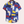 Blauw overhemd met korte mouwen, abstracte geometrische patronen in rood, geel en wit. Moderne herenmode, casual zomerstijl.