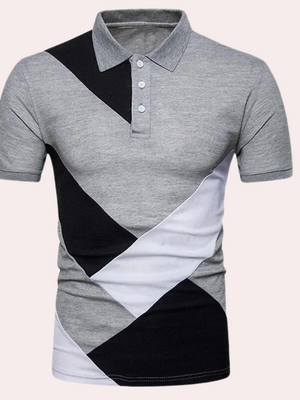 Grijze polo met korte mouwen, geometrisch zwart-wit patroon, herenmode, casual stijl, comfortabele pasvorm, trendy design.