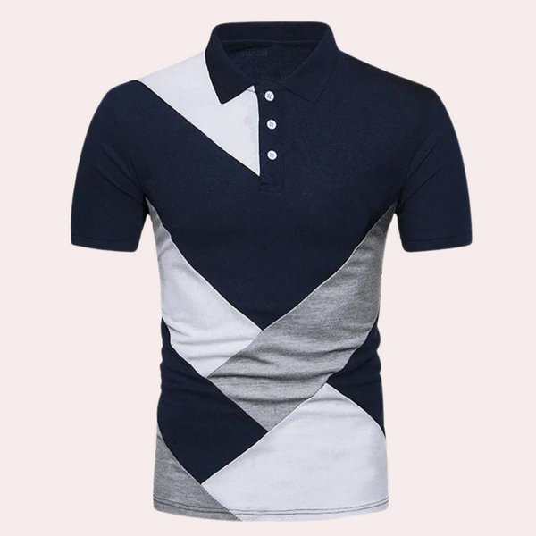 Donkerblauw poloshirt met geometrisch patroon, korte mouwen en knoopsluiting. Stijlvolle herenkleding, ideaal voor casual en formele gelegenheden.