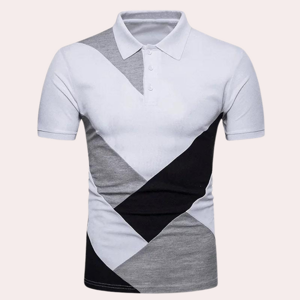 Witte polo met korte mouwen, geometrisch zwart-wit-grijs patroon, herenmode, casual stijl, comfortabele pasvorm, trendy design.