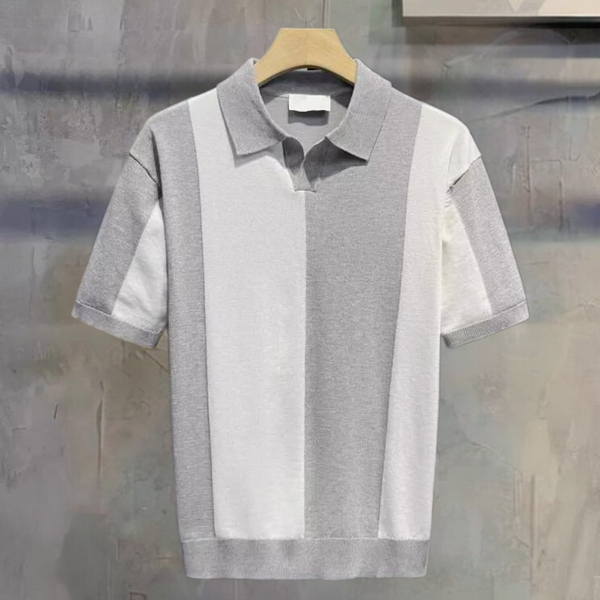 Grijs-wit gestreept poloshirt voor heren, korte mouwen, katoenen stof, casual en stijlvol, ideaal voor zomermode en dagelijkse outfits.