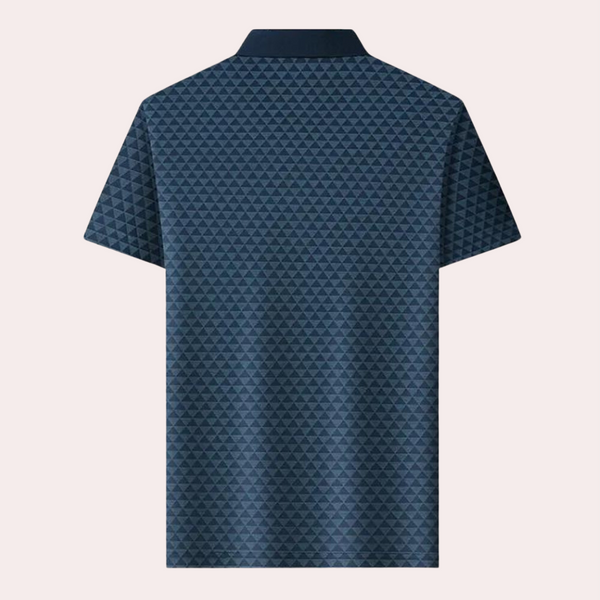 Blauwe polo met geometrisch patroon, korte mouwen en klassieke kraag. Stijlvolle herenkleding, ideaal voor casual en zakelijke gelegenheden.
