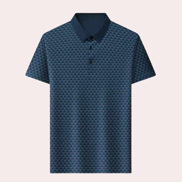 Blauwe polo met geometrisch patroon, korte mouwen en knoopsluiting. Stijlvolle herenkleding, perfect voor casual en zakelijke gelegenheden.