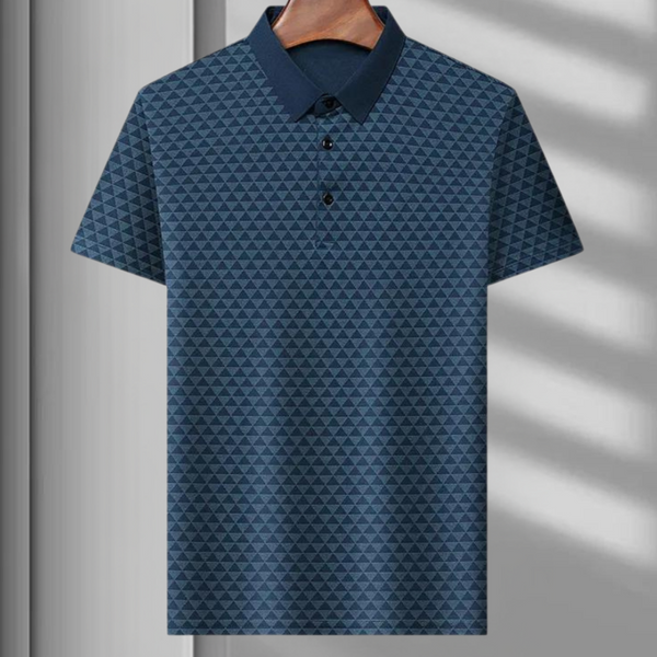 Blauwe polo met geometrisch patroon, korte mouwen en knoopsluiting. Stijlvolle herenkleding, perfect voor casual en zakelijke gelegenheden.