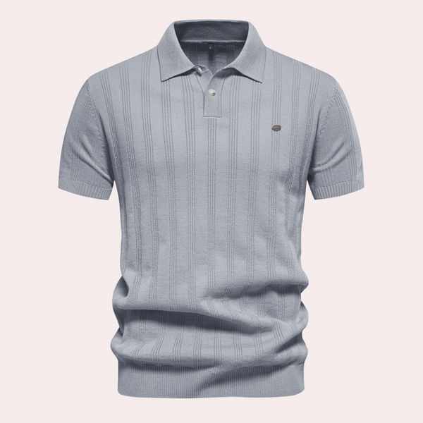 Grijze herenpolo met korte mouwen, geribbelde textuur en knoopsluiting. Stijlvolle casual kleding, perfect voor dagelijks gebruik.
