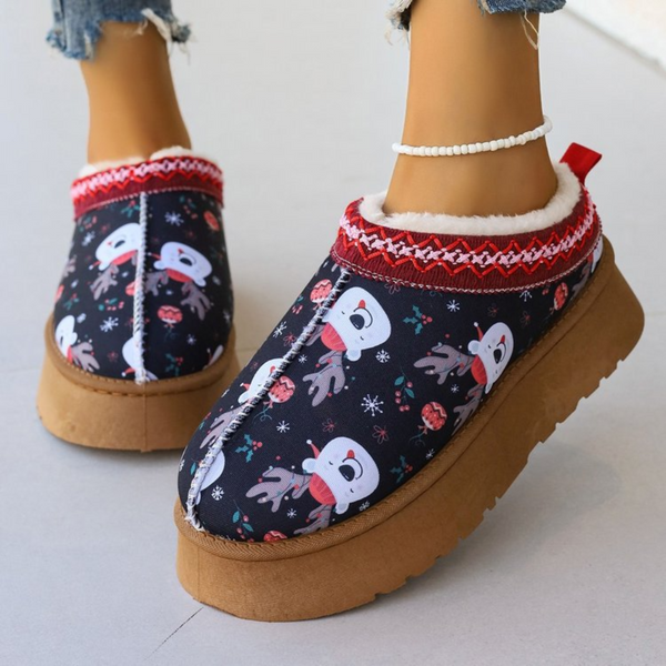 Dames pantoffels met rendierprint, warme voering, antislip zool, kerstthema, comfortabele wintermode, zwart met rode accenten.