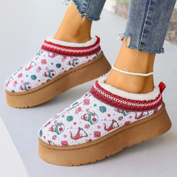 Dames pantoffels met sneeuwpopprint, warme voering, dikke zool, casual wintermode, comfortabele huisschoenen, kerstthema.