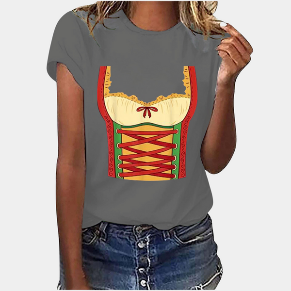 Grijze dames T-shirt met kleurrijke, traditionele korsetprint, korte mouwen en ronde hals. Perfect voor casual en modieuze outfits.