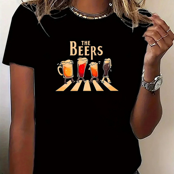 Zwarte dames T-shirt met grappige bierprint, geïnspireerd door Abbey Road. Perfect voor bierliefhebbers en casual mode. Verkrijgbaar in diverse maten.