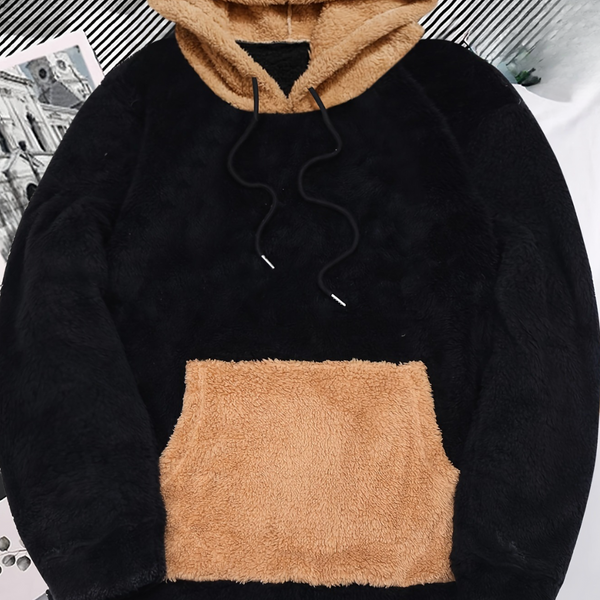 Zwarte en bruine fleece hoodie met capuchon en buidelzak, unisex winterkleding, warme en comfortabele trui, modieuze streetwear stijl.