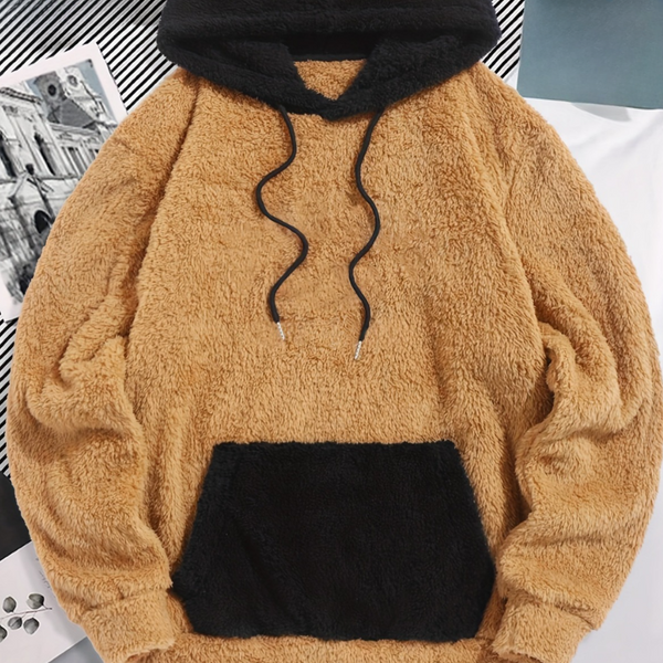 Lichtbruine teddy hoodie met zwarte capuchon en buidelzak, zachte fleece stof, casual winterkleding, comfortabele en warme trui voor heren.
