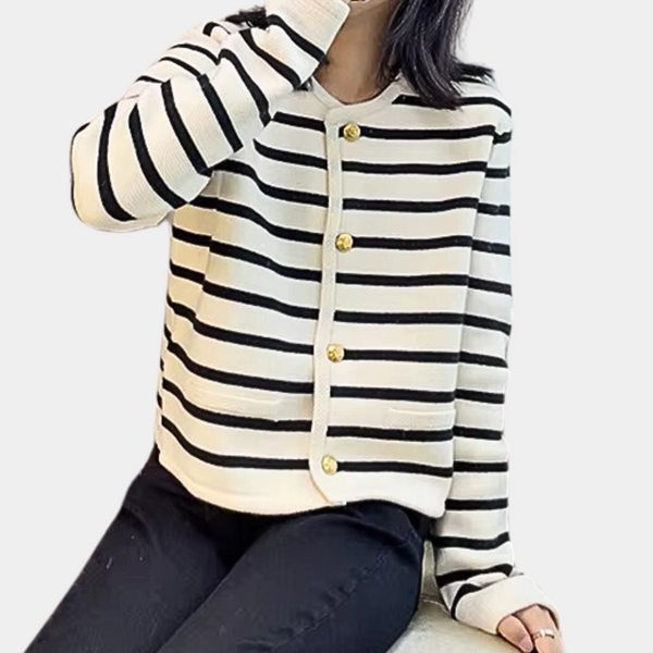 Zwart-wit gestreepte damestrui met gouden knopen, casual mode, lange mouwen, comfortabele pasvorm, ideaal voor herfst- en winteroutfits.