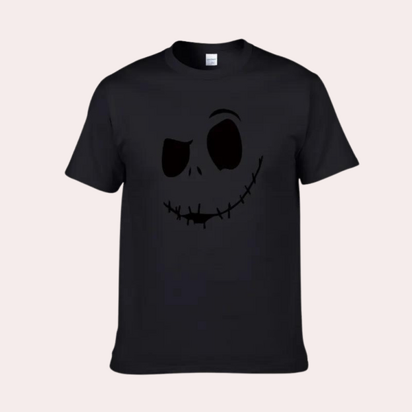 Zwarte T-shirt met grijnzend schedelontwerp, unisex, casual stijl, perfect voor Halloween, gemaakt van 100% katoen, comfortabele pasvorm.