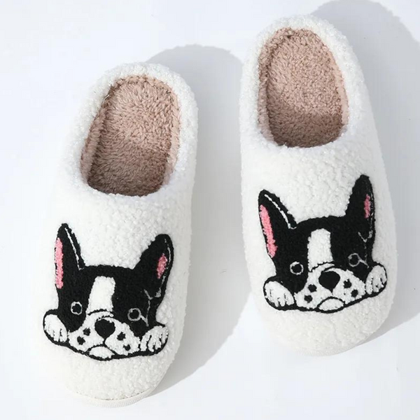 Witte pantoffels met Franse bulldog print, pluche voering, comfortabele dames slippers, warme winter sloffen, schattig hond ontwerp.