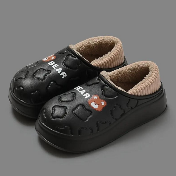 Zwarte pantoffels met berenmotief en beige voering, comfortabele winterhuispantoffels voor kinderen, antislip, warm en stijlvol.