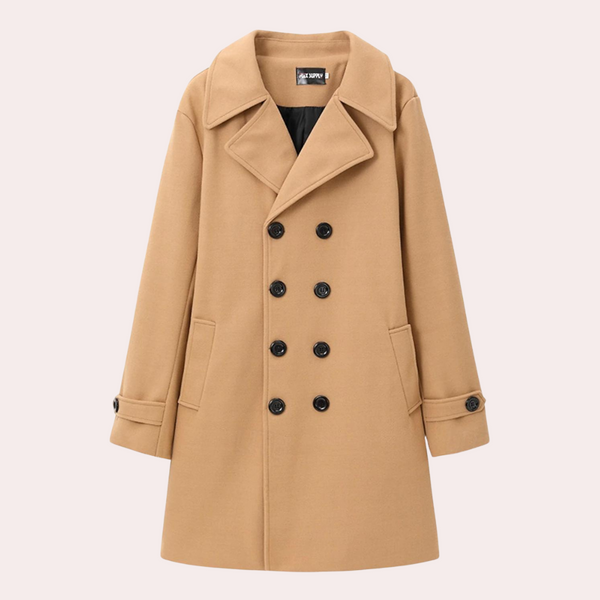 Camelkleurige wollen jas met dubbele rij knopen, brede revers en zakken. Stijlvolle wintermantel voor heren, ideaal voor formele en casual gelegenheden.