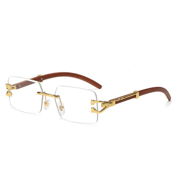 Randloze metalen zonnebril met blauwe gradient lenzen, luxe designer stijl voor mannen en vrouwen, kleine vierkante vorm, houten pootjes.