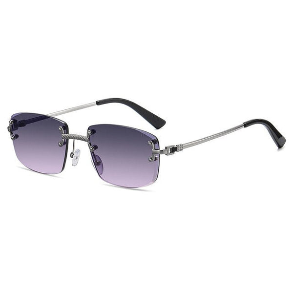 Randloze zonnebril met blauw-gradiënt lenzen, metalen montuur. Luxe designer zonnebril voor mannen en vrouwen, kleine vierkante vorm.