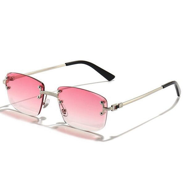 Randloze zonnebril met roze gradient lenzen en metalen montuur, luxe designer stijl voor mannen en vrouwen, modieuze vierkante vorm.