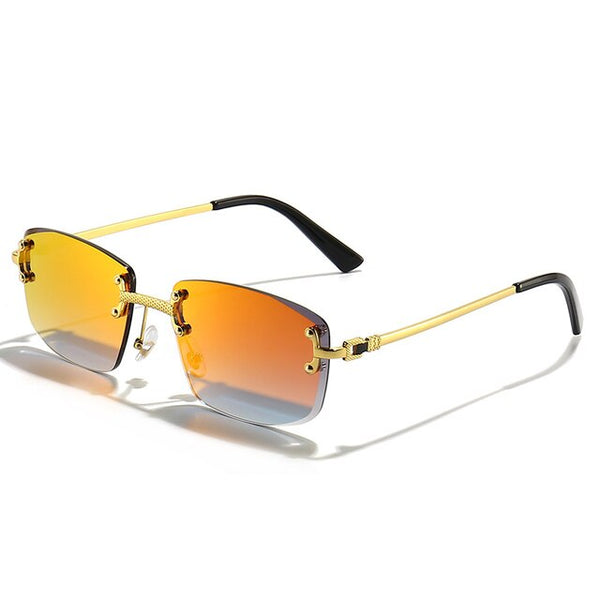 Luxe designer zonnebril met blauw-oranje gradient lenzen, metalen montuur, randloos, unisex, modieus accessoire voor mannen en vrouwen.