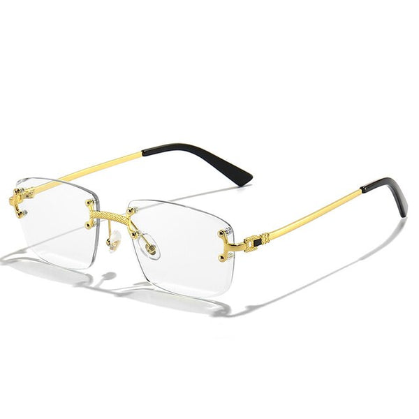 Randloze zonnebril met goudkleurig metalen montuur en rechthoekige glazen. Luxe designer zonnebril voor mannen en vrouwen, modieus en stijlvol.