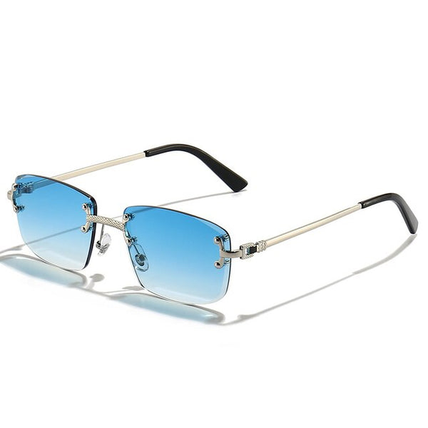 Randloze zonnebril met blauw gradiënt glazen, metalen montuur. Luxe designer zonnebril voor mannen en vrouwen, kleine vierkante vorm.