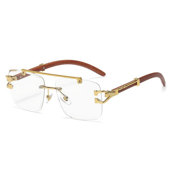 Luxe metalen randloze zonnebril met blauwgradiënt lenzen, vierkant ontwerp, geschikt voor mannen en vrouwen. Designer zonnebril, modieus accessoire.