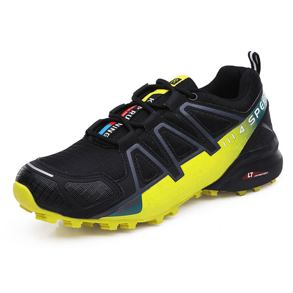 Zwarte en gele ademende herenschoen voor bergbeklimmen, trailrunning en wandelen, met stevige grip en duurzame mesh-stof.