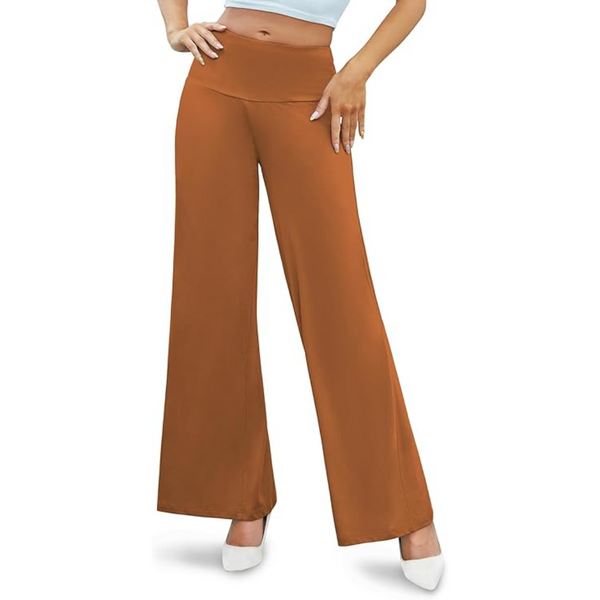 Bruine damesbroek met wijde pijpen, hoge taille en elegante pasvorm. Perfect voor casual en zakelijke outfits. Comfortabele en stijlvolle modekeuze.