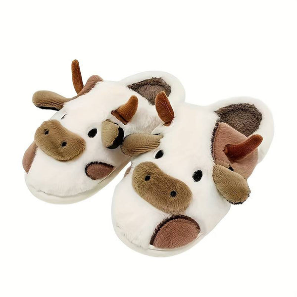 Pluche koeienpantoffels voor volwassenen, wit en bruin, schattig en comfortabel, perfect voor thuisgebruik. Ideaal cadeau voor dierenliefhebbers.