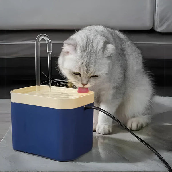 Grijze kat drinkt uit een blauwe automatische waterfontein voor huisdieren, geplaatst op een grijze vloer. Ideaal voor hydratatie van katten.