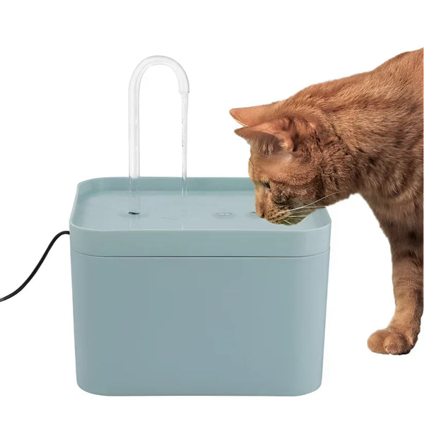 Bruine kat drinkt uit moderne, blauwe kattenwaterfontein met stromend water. Ideaal voor huisdieren, automatische drinkfontein voor katten.