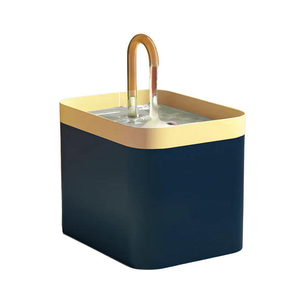 Donkerblauwe kattenwaterfontein met goudkleurige kraan, modern design, automatische drinkfontein voor huisdieren, stille werking, 2 liter capaciteit.