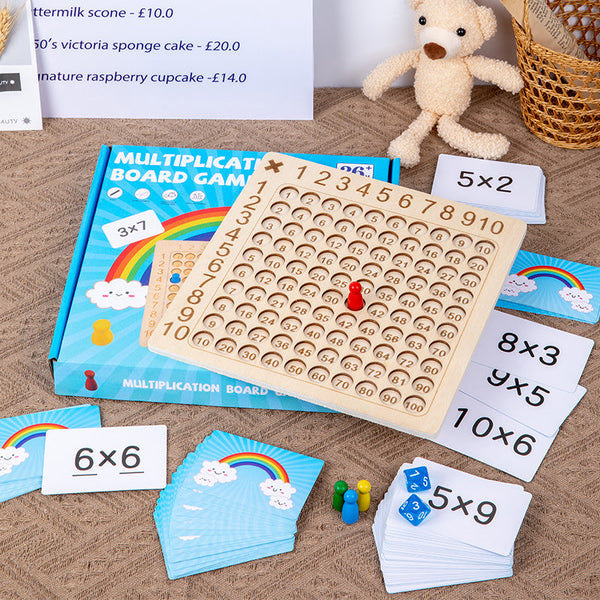 Houten Montessori vermenigvuldigingsbordspel voor kinderen, educatief speelgoed met 99-tafel, inclusief kaarten en pionnen, ideaal voor wiskunde leren.
