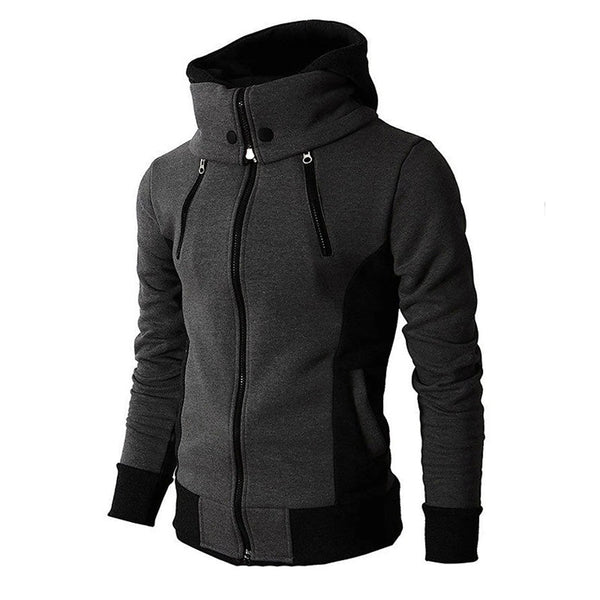 Donkergrijze herenhoodie met ritssluiting, hoge kraag en zakken. Stijlvolle en warme sweater voor casual en sportieve outfits.