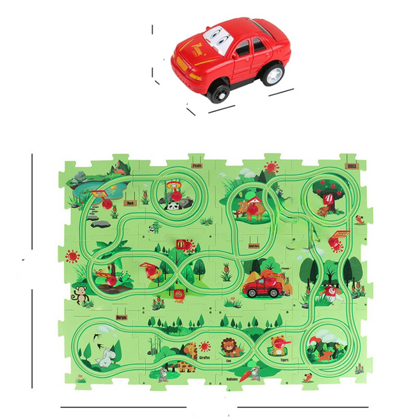 Rode speelgoedauto op groene puzzelmat met dieren en wegen, educatief kinderspeelgoed, ideaal voor motorische ontwikkeling en fantasierijk spel.